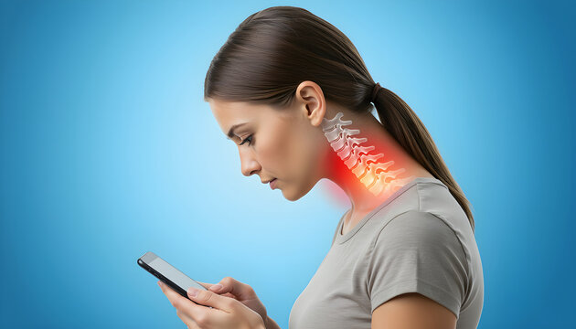 Woman experiencing neck pain from smartphone usage posture