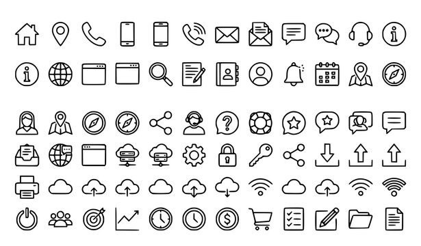 Web and contact outline icon set with home location call email search and support symbols