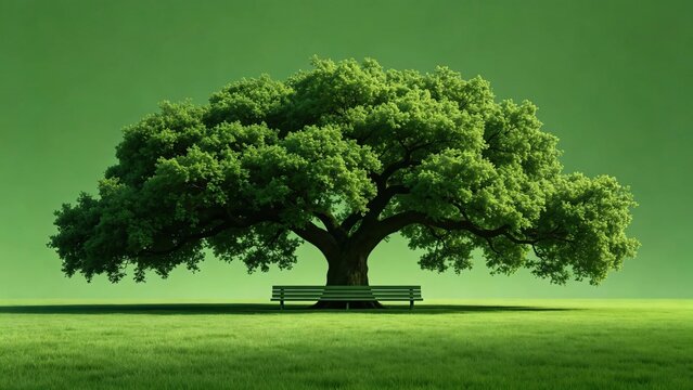 Large spreading mature green oak tree with dense lush foliage on bright green grass field with empty wooden bench placed under its shadow against solid green background