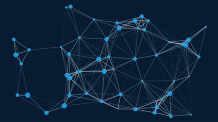 Abstract geometric polygonal mesh network with glowing blue nodes and connecting lines on a dark blue background symbolizing digital connection data © Kafayet