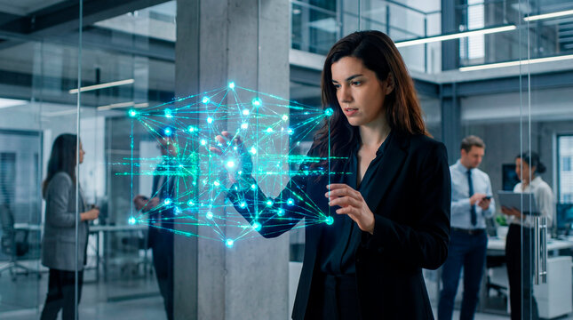 Technology strategist interacting with digital network model in modern office