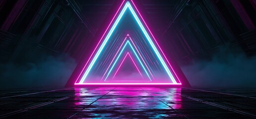 Fototapeta premium Neon triangular light in dark futuristic studio with reflections