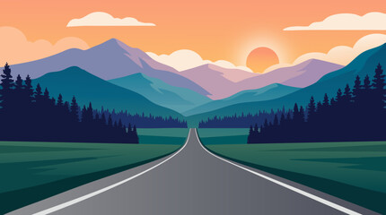 Mountain road scene, vector illustration with pastel colored sky and trees © MdDulal
