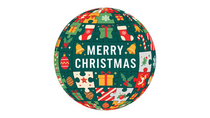 Obraz premium Christmas Puzzle Orb: A spherical graphic design featuring a Christmas-themed puzzle pattern, complete with festive icons like gift boxes, candy canes, and Santa hats.