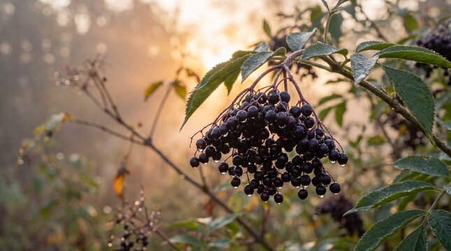 Fresh black elderberries growing on a bush in the garden