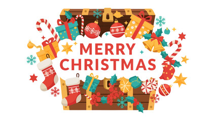 Fototapeta premium Christmas Treasure Chest Full of Gifts: A festive treasure chest brimming with wrapped presents, ornaments, candy canes, and snowflakes.