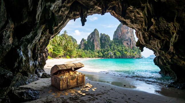 Open treasure chest with gold coins in a tropical sea cave