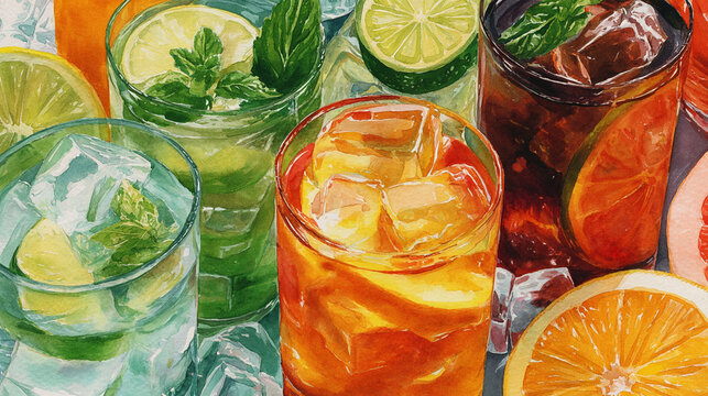 Watercolor illustration of cold beverage ingredients in full frame composition, dense overlapping iced drinks, citrus fruits, mint and ice cubes with cool refreshing summer tones.
