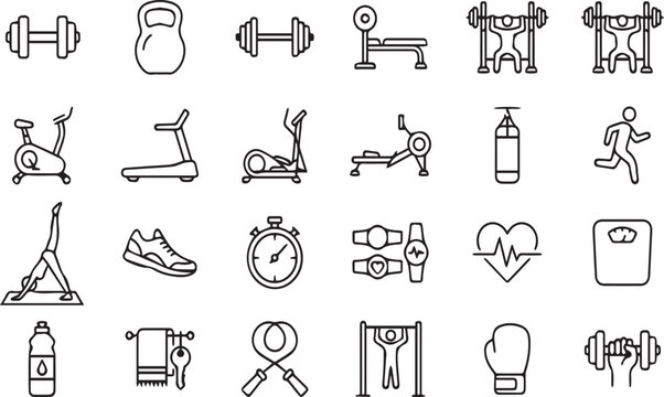 Weightlifting and cardio machines line icon set for professional fitness club environments.