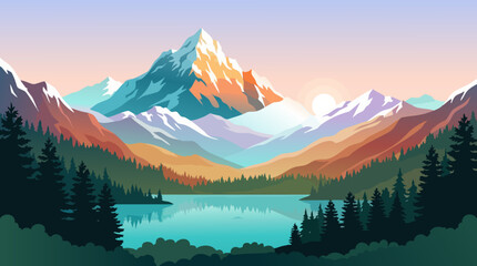Mountain landscape vector illustration with lake and coniferous forest © MdDulal