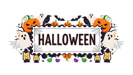 Fototapeta premium Halloween Spooktacular: A festive Halloween banner features classic motifs like pumpkins, ghosts, bats, and ravens, creating a fun and spooky atmosphere for the holiday.