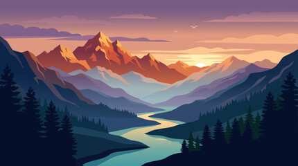 Mountain landscape with winding river, vector illustration with sunset colors. © MdDulal