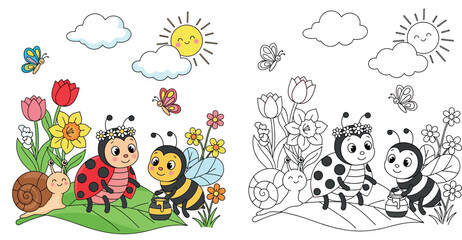 Cute Cartoon Ladybug and Bee with Honey Pot, Snail, Butterflies, and Spring Flowers © Dewan