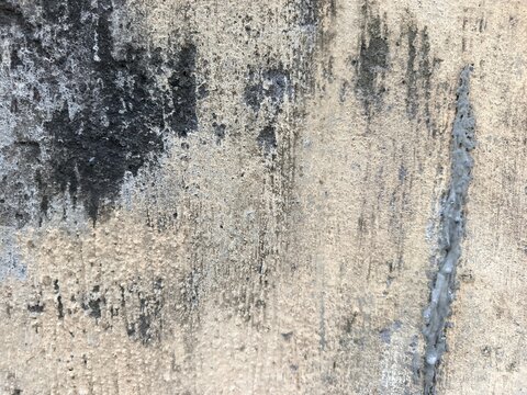 An old weathered concrete wall with a rough and porous texture. A large portion of the surface is covered in dark mold stains and patches of moss.