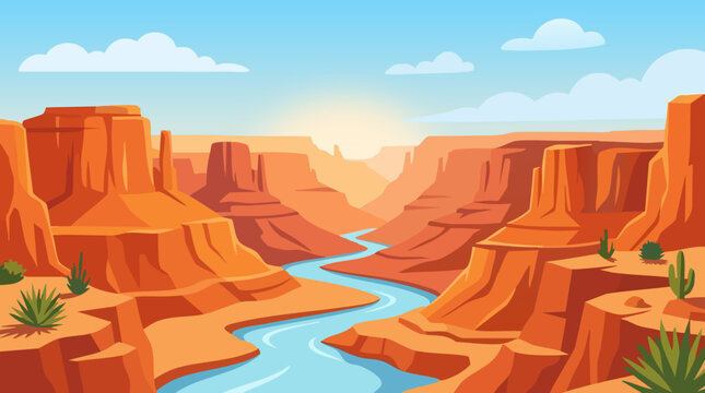 Desert canyon landscape with winding river, vector illustration.