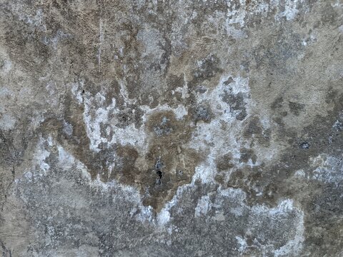 An old weathered concrete wall with a rough and porous texture. A large portion of the surface is covered in dark mold stains and patches of moss.