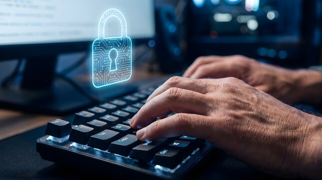 Hands typing on illuminated keyboard with digital security lock hologram in dark office setting