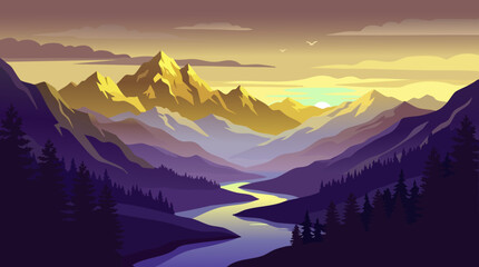 Mountain landscape vector illustration with winding river and golden sunset © MdDulal