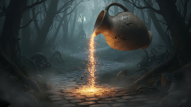 Ancient Terracotta Pitcher Spilling Sacred Anointing Oil with Luminous Glowing Particles onto a Winding Mysterious Path in a Realistic Dark Fantasy Realm with Ethereal Magic and Dim Lighting