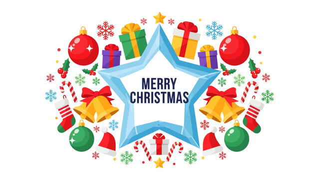 Christmas Celebration Illustration: A festive and colorful illustration encircles a large blue star that reads Merry Christmas. The border is filled with classic holiday symbols like gift boxes.