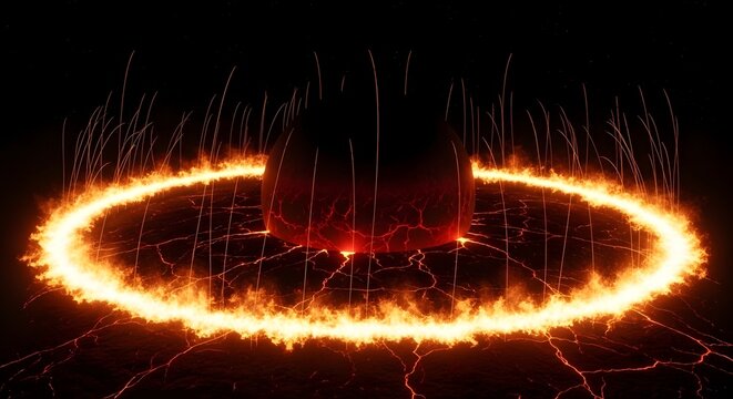 Fiery portal to the underworld dark fantasy landscape with glowing lava and cracked earth