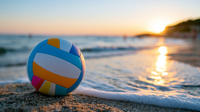 Calm beach scene with sunset reflections and a sports ball on the shore, relaxation and outdoor recreation concept, defocused, with copy space