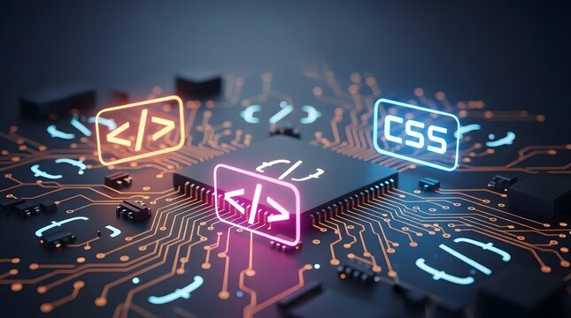 Html css coding symbols on a microchip circuit board representing web development
