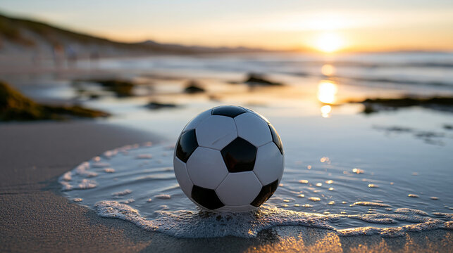 Calm beach scene with sunset reflections and a sports ball on the shore, relaxation and outdoor recreation concept, defocused, with copy space
