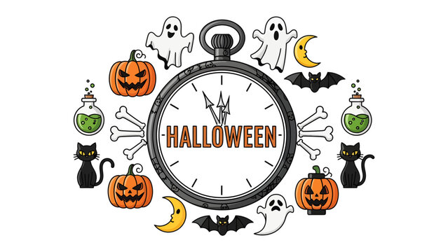 Halloween Countdown: A collection of iconic Halloween symbols including pumpkins, ghosts, bats, and potion bottles arranged around a clock face, emphasizing the imminent arrival of the spooky holiday.