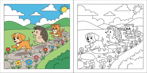 Fototapeta premium Happy Cartoon Dog, Hedgehog, and Cat Running on a Stone Path in a Flower-Filled Landscape