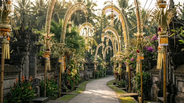 Galungan festival in Bali Indonesia with tall penjor bamboo poles decorated with palm leaf offerings and yellow fabric lining village road