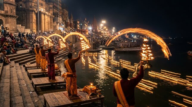 Ganges aarti fire ceremony at Varanasi riverside ghat at night with priests performing elaborate oil lamp ritual above sacred river in India