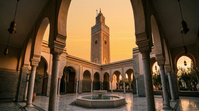 Islamic call to prayer muezzin moment at mosque with minaret against blue sky and geometric arabesque architectural details in Muslim city