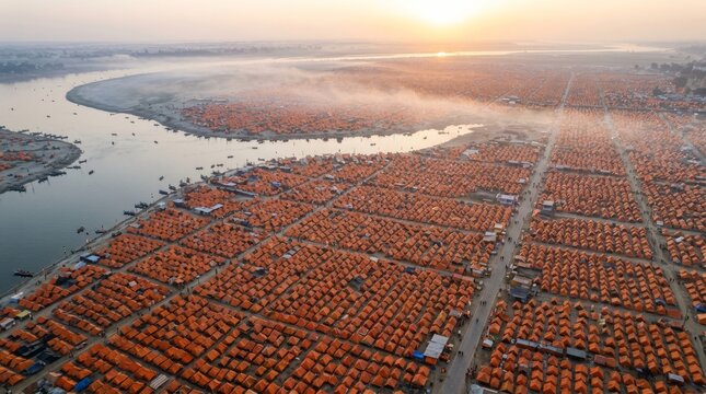 Massive tent city at Sangam floodplains during Kumbh Mela pilgrimage in India with thousands of white canvas tents stretching to horizon