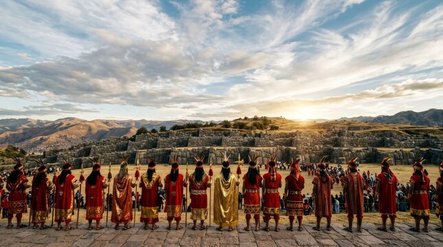 Performers dressed in elaborate Inca imperial costumes with golden headdresses and colorful tunics during Inti Raymi sun festival celebration in Cusco Peru