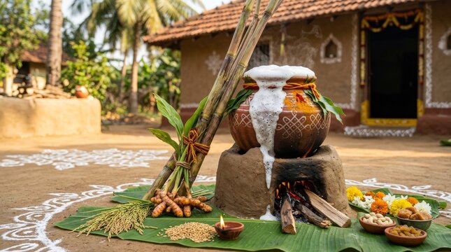 Pongal harvest festival in Tamil Nadu India with traditional clay pot overflowing with sweet rice porridge decorated with sugarcane and flowers