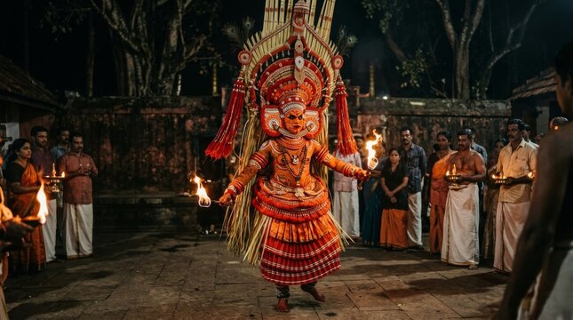 Theyyam ritual performance in Kerala India with performer in elaborate red and gold headdress and face paint embodying divine spirit in ceremonial dance