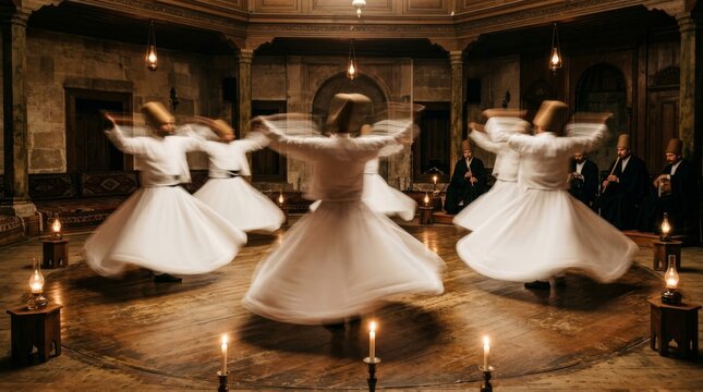 Whirling Dervishes performing Sema ceremony in flowing white robes spinning in meditative trance at Sufi gathering in Turkey or Iran