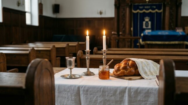 Yom Kippur eve preparation with lit candles and round challah bread on white tablecloth before solemn Jewish Day of Atonement fast begins