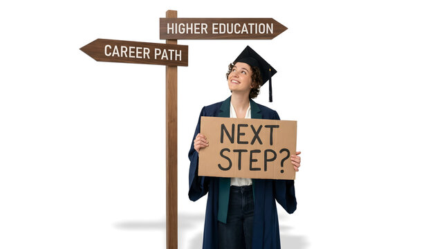 Graduation, student and career path with education, choice and future planning. Woman, mortarboard and sign with next step, decision and higher learning for job search, university and life goals