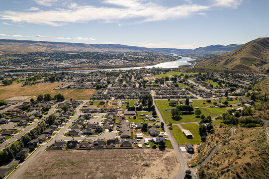 Aerial View of Wenatchee and the Columbia River Looking Toward East Wenatchee | Washington