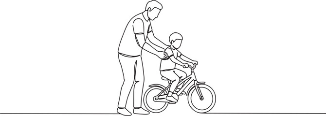 Fototapeta premium Father assisting child learning to ride a bicycle, promoting outdoor activity.
