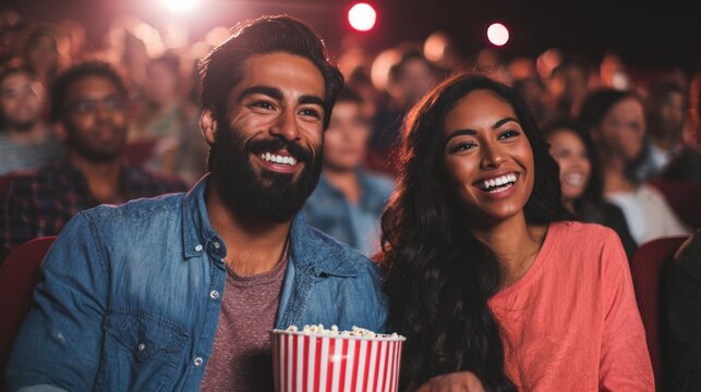Couple laughs happily in cinema, enjoying movie night. Man holds popcorn, woman smiles brightly. Warm lights glow softly around them. Scene captures joyful, romantic movie experience