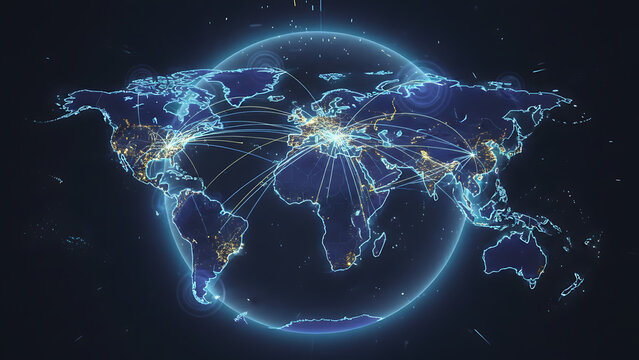 Luminous holographic world map featuring glowing connection network, interconnected continent, and shining data pathway representing international digital communication and global connectivity.