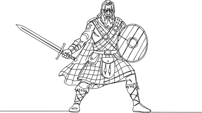 Brave Scottish warrior in traditional attire, ready for combat with sword and shield.