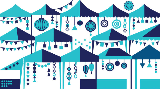 Street Market Stalls with Festive Decorations Design.