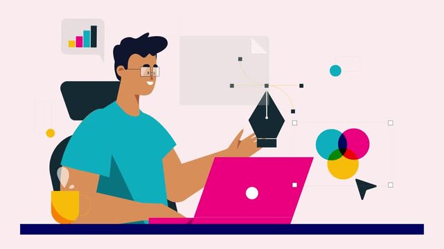 Professional Graphic Designer Creating Digital Vector Artwork on Laptop with Modern Design Tools for Creative Content Production