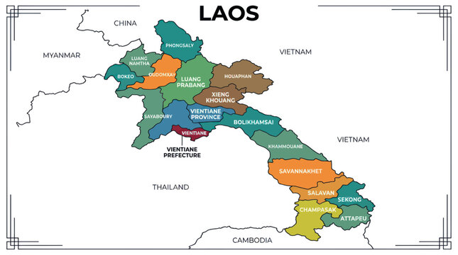 Map of Laos, Divided by Provinces, Showing Borders with Neighboring Countries