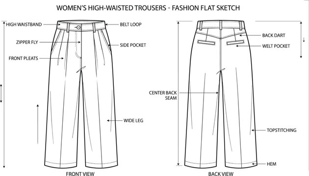 Fashion flat sketch of womens high waisted wide leg trousers vector illustration with front and back view showing apparel technical drawing and garment design details