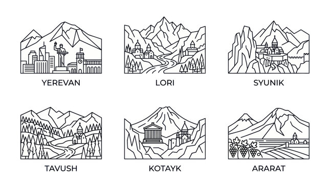 Armenia Landmarks Collection: Yerevan, Lori, Syunik, Tavush, Kotayk, Ararat - Line Art